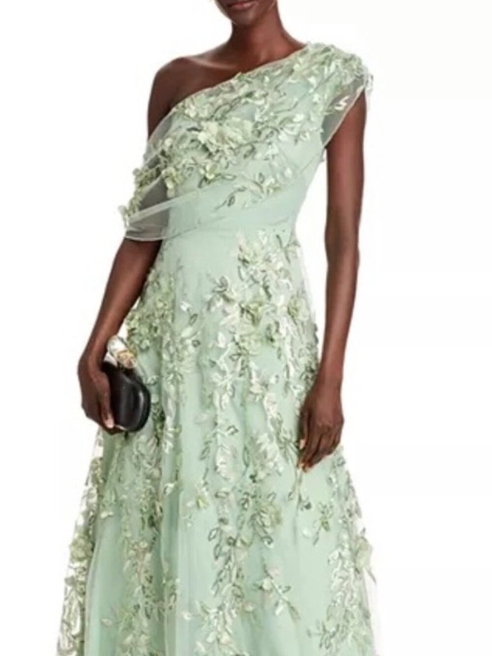 NWT Eliza J One-Shoulder Sage Green Floral Applique Gown. Size 2